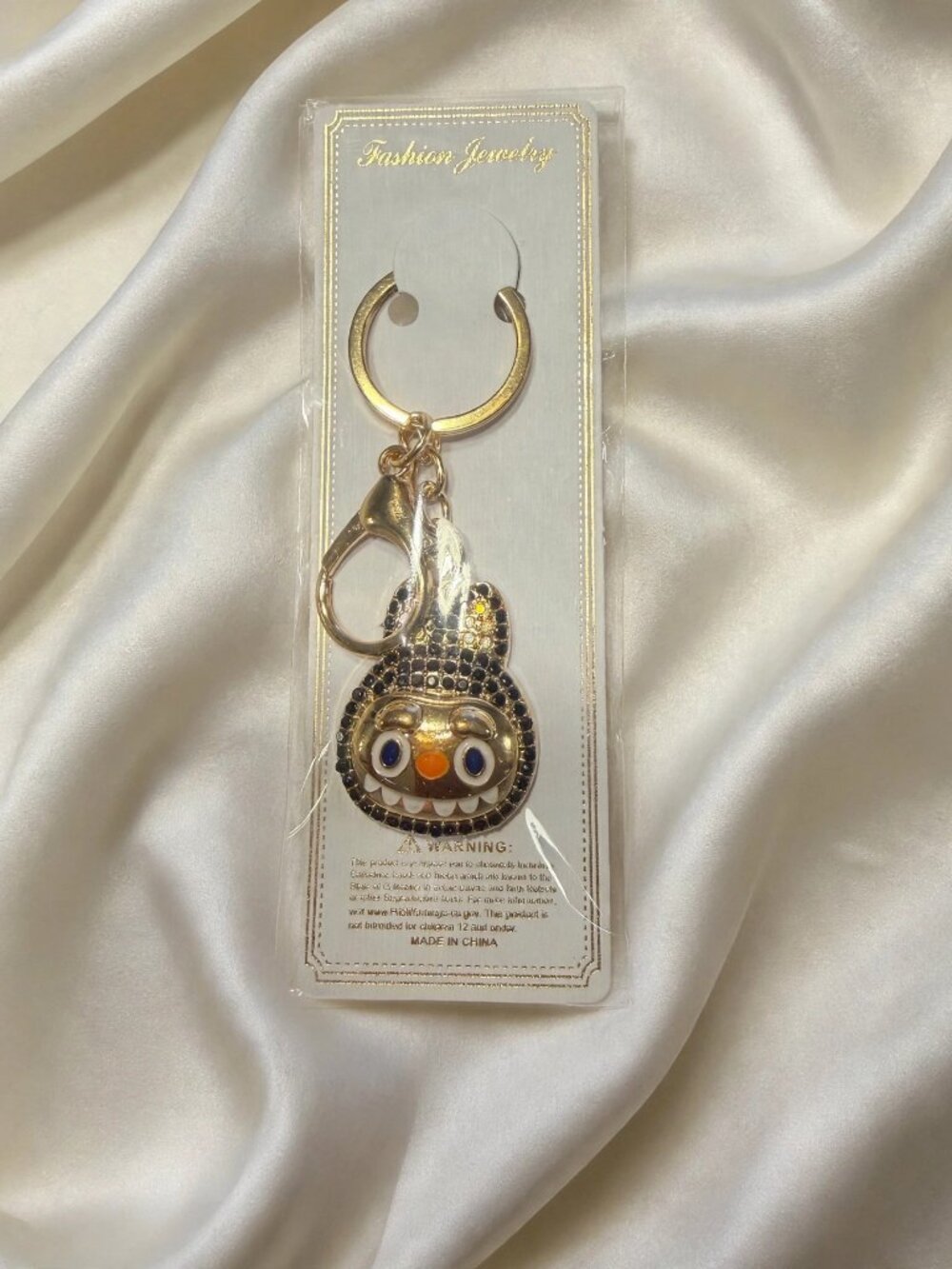 Black Crystal Rhinestone Monster Face Bag Charm Keychain with Lobster Clasp - Sp